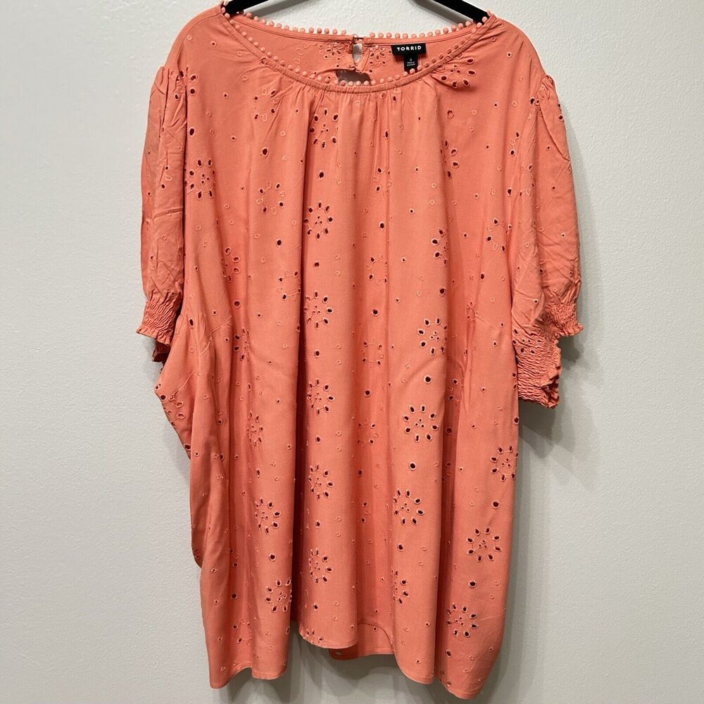 Torrid Top Womens 4 4X Orange Tunic Cottagecore Boho Modest Floral Eyelet Cutout